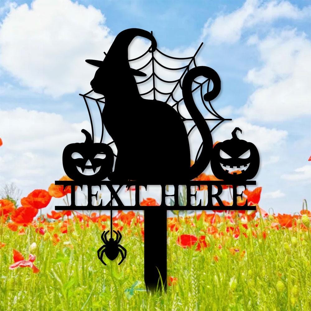 Halloween Metal Sign Cat with Hat Garden Metal Stake, Personalized Name Yard Sign, Outdoor Door Garden Decor, Garden Art, Housewarming