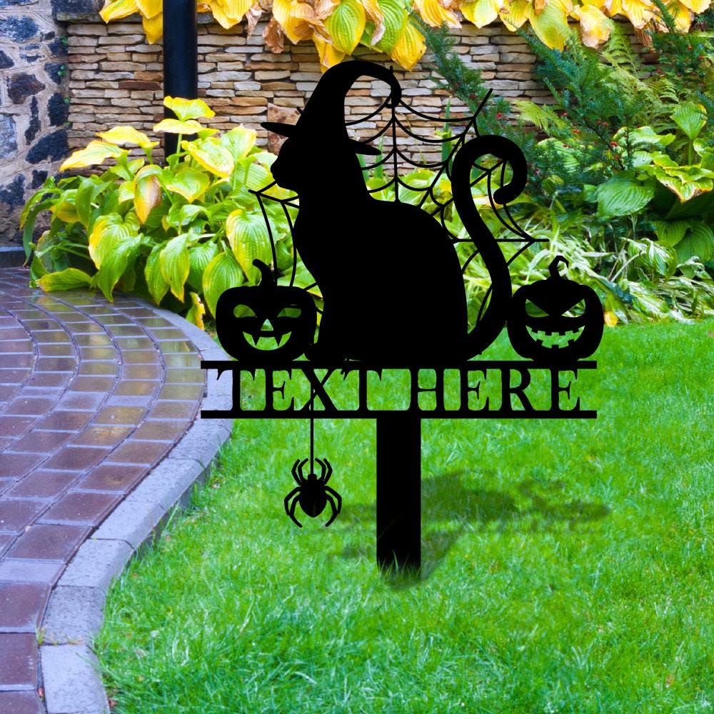 Halloween Metal Sign Cat with Hat Garden Metal Stake, Personalized Name Yard Sign, Outdoor Door Garden Decor, Garden Art, Housewarming