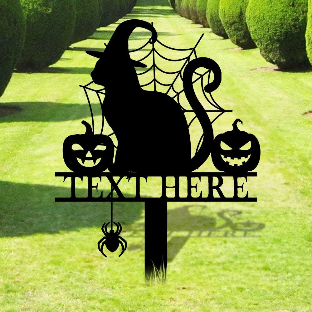 Halloween Metal Sign Cat with Hat Garden Metal Stake, Personalized Name Yard Sign, Outdoor Door Garden Decor, Garden Art, Housewarming