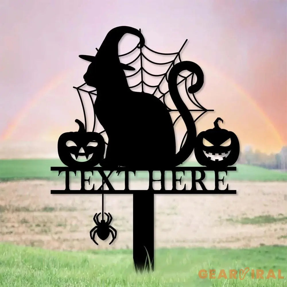 Halloween Metal Sign Cat with Hat Garden Metal Stake Personalized Name Yard Sign Outdoor Door Garden Decor Garden Art