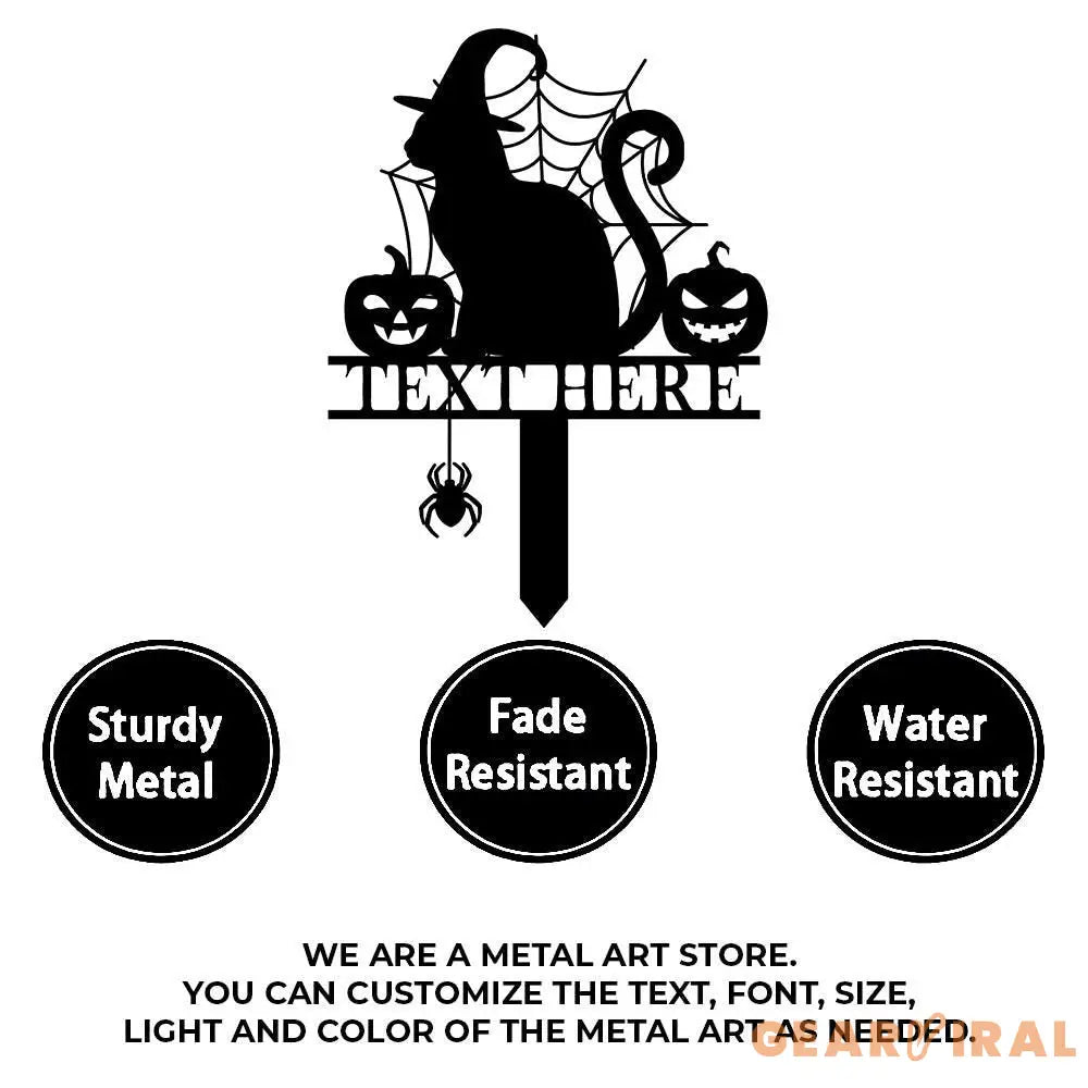 Halloween Metal Sign Cat with Hat Garden Metal Stake Personalized Name Yard Sign Outdoor Door Garden Decor Garden Art