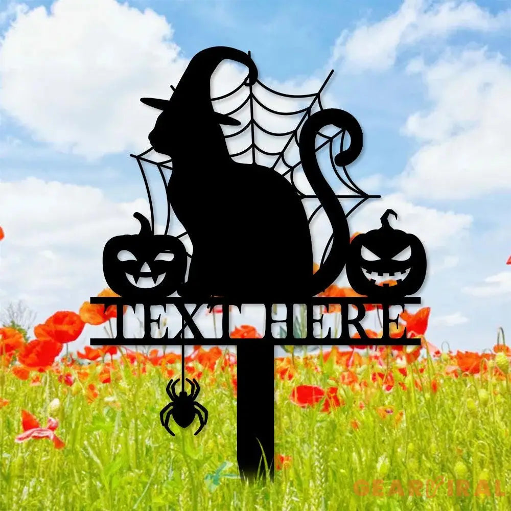 Halloween Metal Sign Cat with Hat Garden Metal Stake Personalized Name Yard Sign Outdoor Door Garden Decor Garden Art