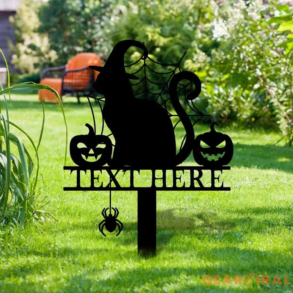 Halloween Metal Sign Cat with Hat Garden Metal Stake Personalized Name Yard Sign Outdoor Door Garden Decor Garden Art