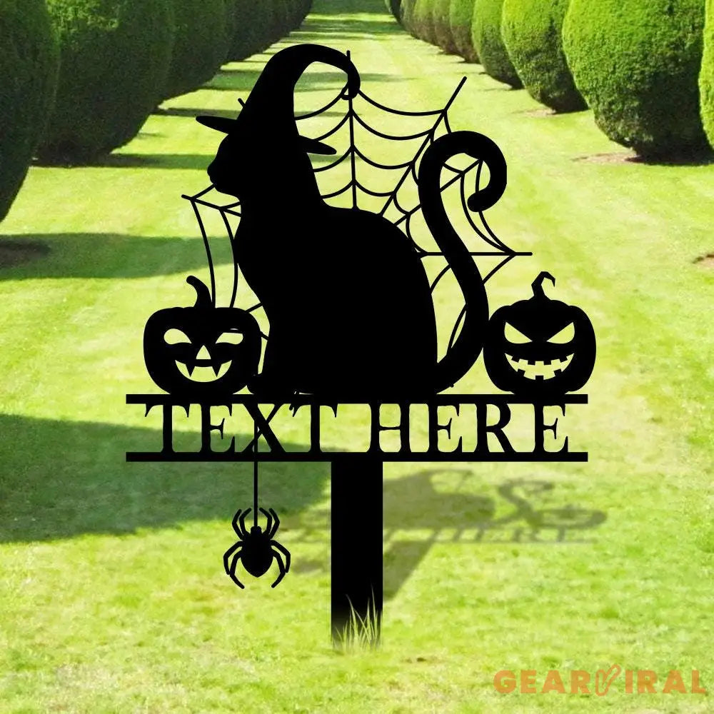 Halloween Metal Sign Cat with Hat Garden Metal Stake Personalized Name Yard Sign Outdoor Door Garden Decor Garden Art