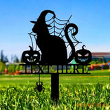 Halloween Metal Sign Cat with Hat Garden Metal Stake Personalized Name Yard Sign Outdoor Door Garden Decor Garden Art