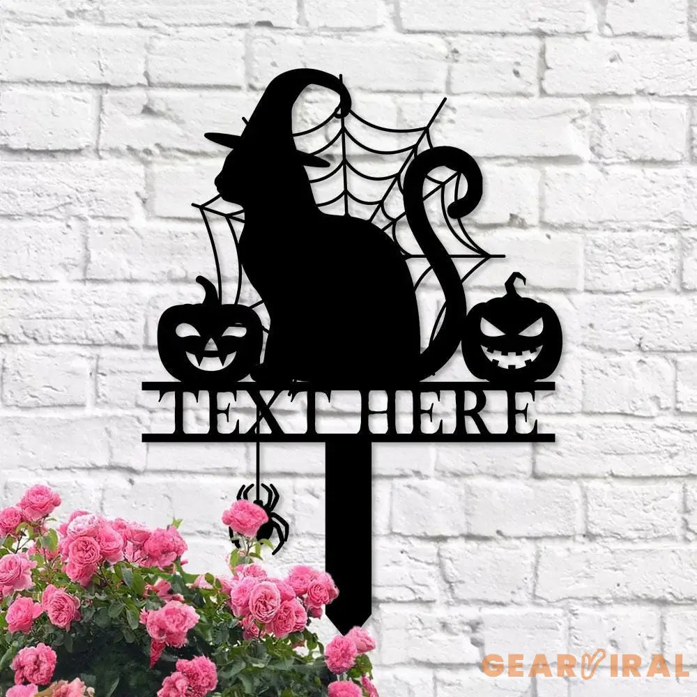 Halloween Metal Sign Cat with Hat Garden Metal Stake Personalized Name Yard Sign Outdoor Door Garden Decor Garden Art