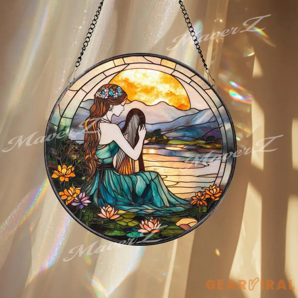 Harp Girl Stained Glass Suncatcher Sunset Lake Window Hanging Tranquil Nature Art Gift for Music Lovers and Boho Decor