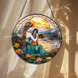 Harp Girl Stained Glass Suncatcher Sunset Lake Window Hanging Tranquil Nature Art Gift for Music Lovers and Boho Decor