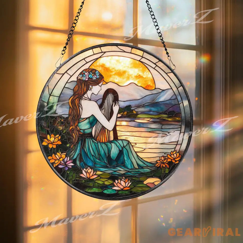 Harp Girl Stained Glass Suncatcher Sunset Lake Window Hanging Tranquil Nature Art Gift for Music Lovers and Boho Decor