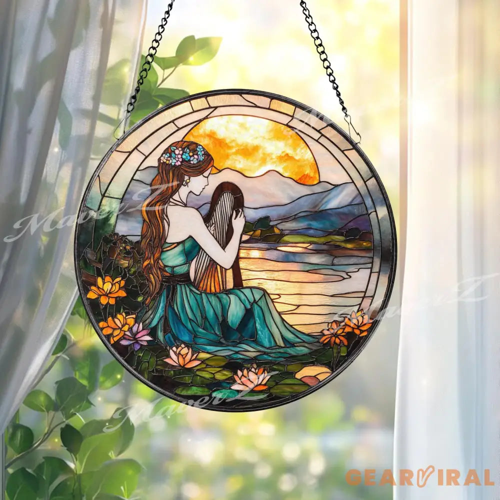 Harp Girl Stained Glass Suncatcher Sunset Lake Window Hanging Tranquil Nature Art Gift for Music Lovers and Boho Decor