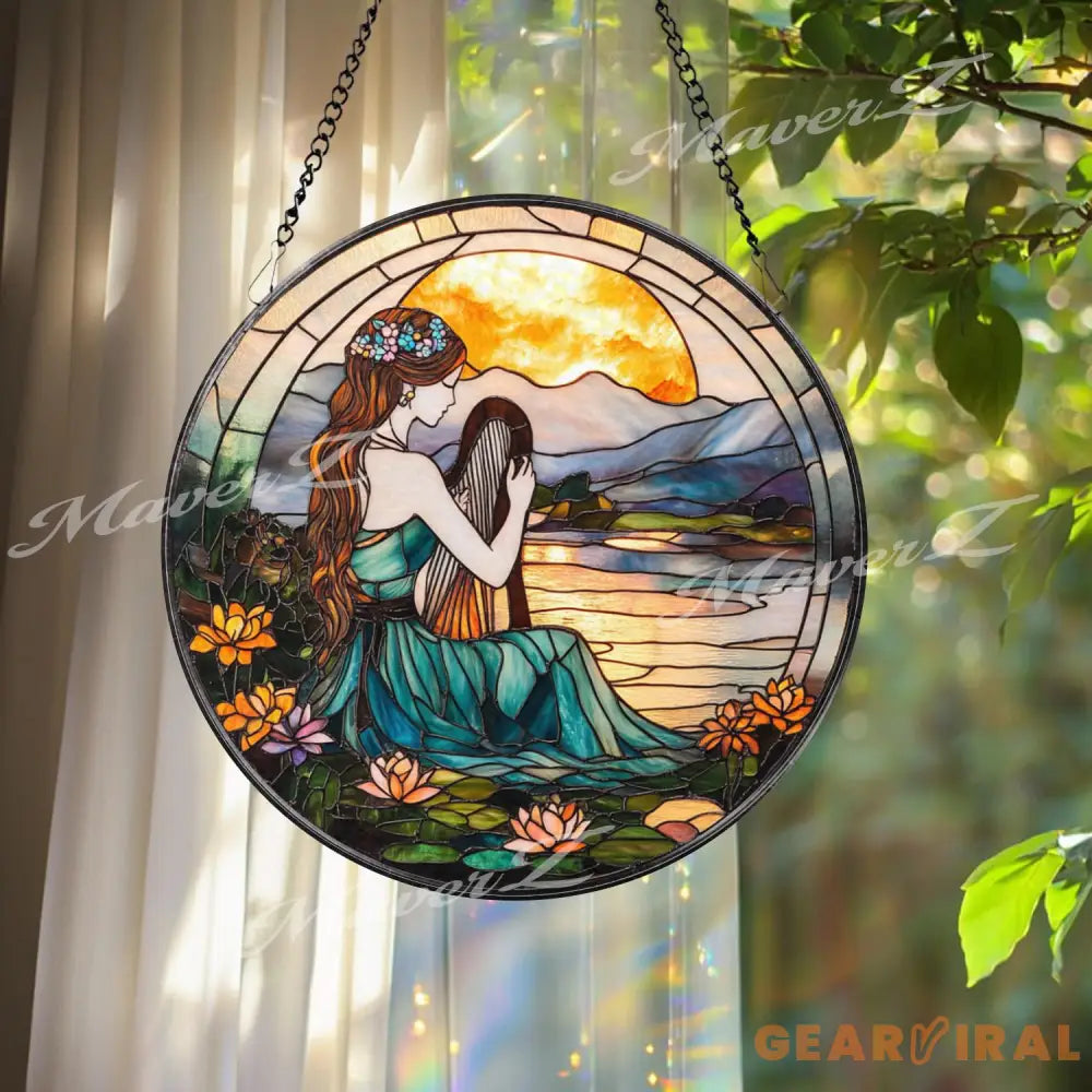 Harp Girl Stained Glass Suncatcher Sunset Lake Window Hanging Tranquil Nature Art Gift for Music Lovers and Boho Decor