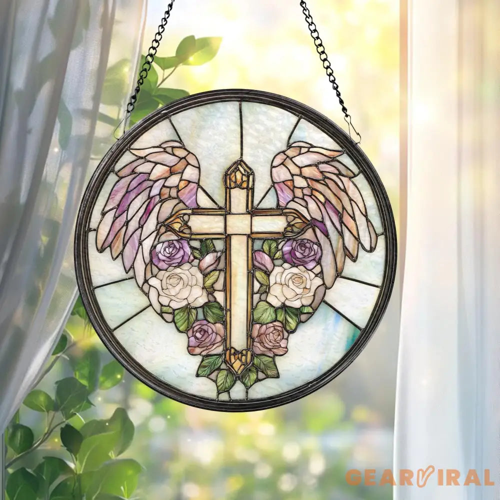 Heavenly Cross Glass Suncatcher Angel Wings Window Decor Christian Gift for Her Spiritual Wall Art Faith-Inspired Home