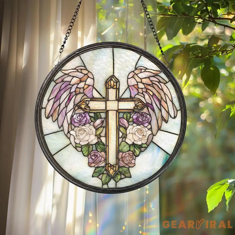 Heavenly Cross Glass Suncatcher Angel Wings Window Decor Christian Gift for Her Spiritual Wall Art Faith-Inspired Home