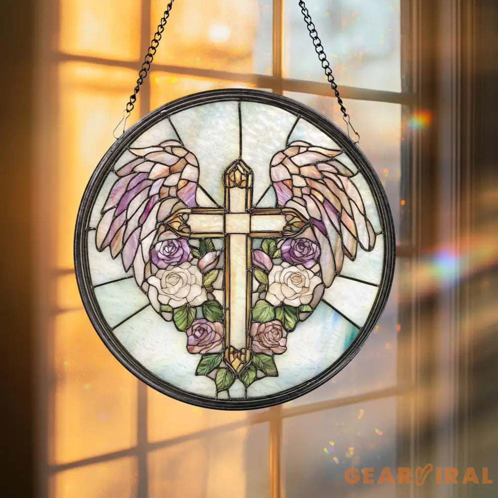Heavenly Cross Glass Suncatcher Angel Wings Window Decor Christian Gift for Her Spiritual Wall Art Faith-Inspired Home