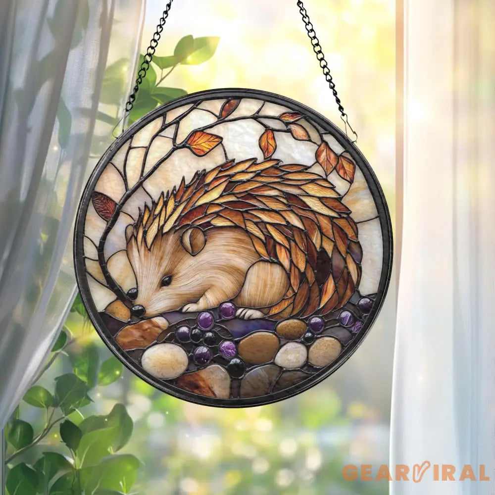 Hedgehog Stained Glass Suncatcher Cute Animal Window Hanging Woodland Decor Gift for Her Nature Lover Birthday or Xmas