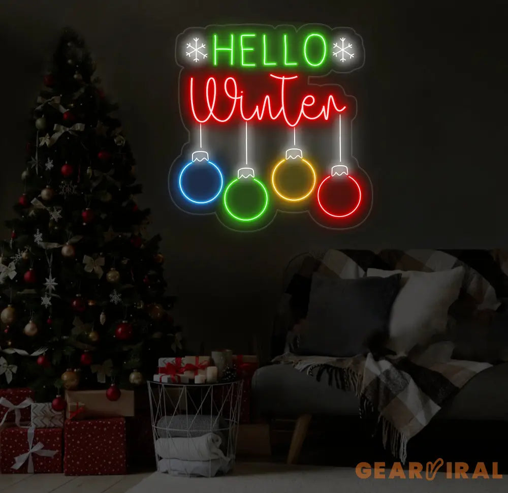 Hello Winter Neon Sign - Merry Christmas LED Light Christmas Quote Wall Art Winter Neon Sign for House Wall Decor
