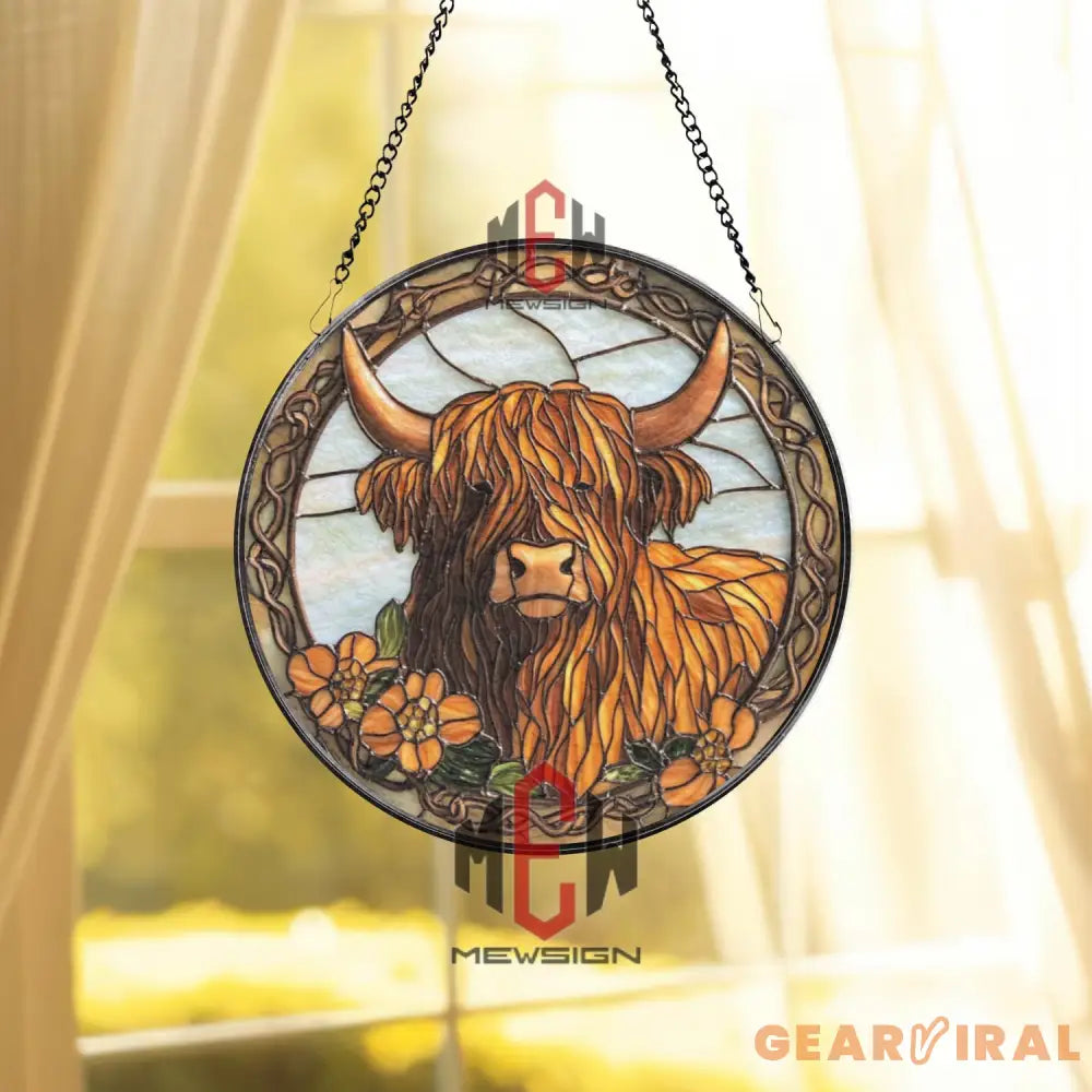 Highland Cow Stained Glass Suncatcher Rustic Farmhouse Window Decor Floral Longhorn Cow Art Panel Western Country Gift