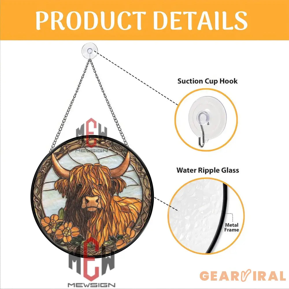 Highland Cow Stained Glass Suncatcher Rustic Farmhouse Window Decor Floral Longhorn Cow Art Panel Western Country Gift