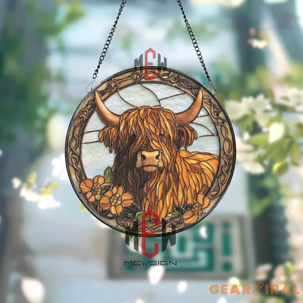 Highland Cow Stained Glass Suncatcher Rustic Farmhouse Window Decor Floral Longhorn Cow Art Panel Western Country Gift