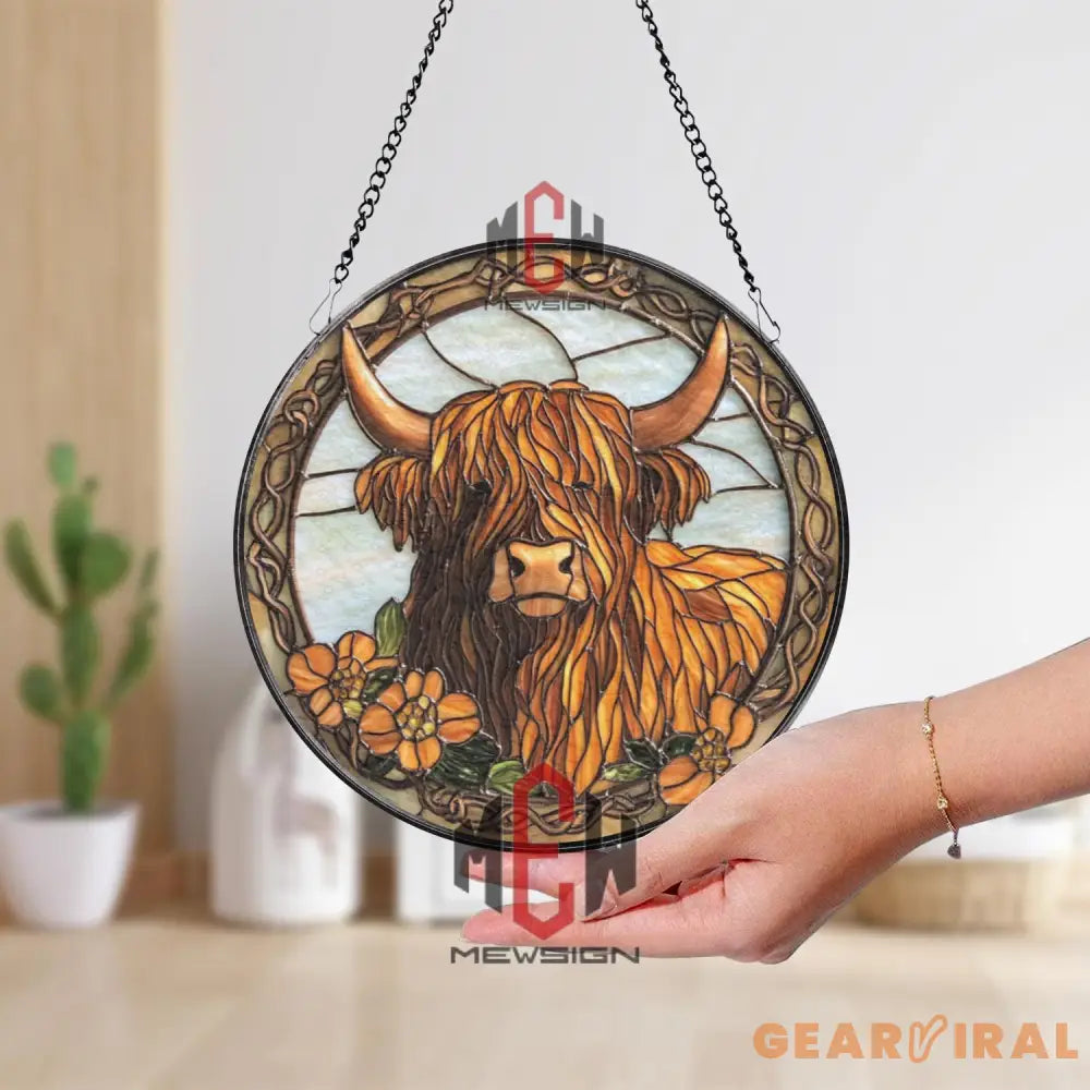 Highland Cow Stained Glass Suncatcher Rustic Farmhouse Window Decor Floral Longhorn Cow Art Panel Western Country Gift