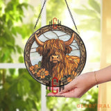 Highland Cow Stained Glass Suncatcher Rustic Farmhouse Window Decor Floral Longhorn Cow Art Panel Western Country Gift