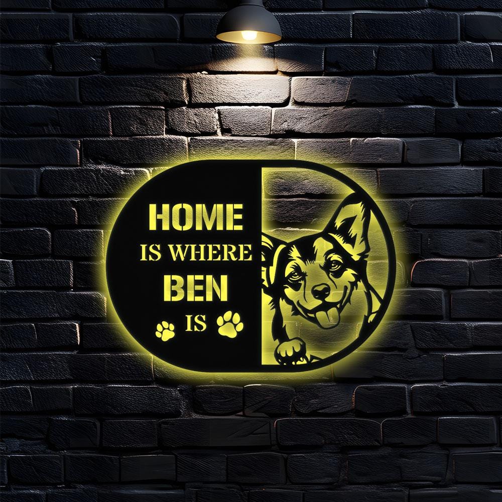 Home is Where Dog Is Corgi Metal Name Sign With LED Lights, Personalized Letter Last Name, Dog Lover Metal Sign, Dog Metal sign