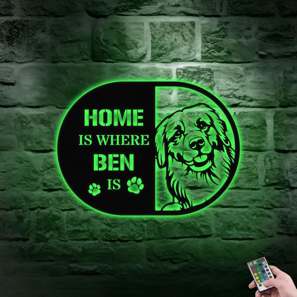 Home is Where Dog Is Golden Metal Name Sign With LED Lights, Personalized Letter Last Name, Dog Lover Metal Sign, Dog Metal sign
