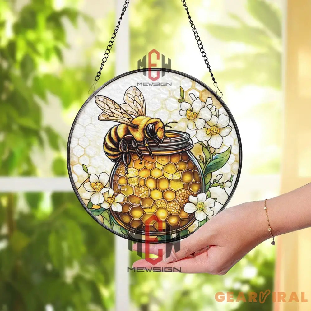 Honey Bee Stained Glass Suncatcher Round Jar of Honey Window Hanging Floral Bee Panel Art Nature-Inspired Gift for