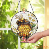 Honey Bee Stained Glass Suncatcher Round Jar of Honey Window Hanging Floral Bee Panel Art Nature-Inspired Gift for