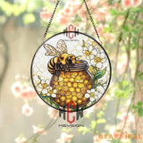 Honey Bee Stained Glass Suncatcher Round Jar of Honey Window Hanging Floral Bee Panel Art Nature-Inspired Gift for