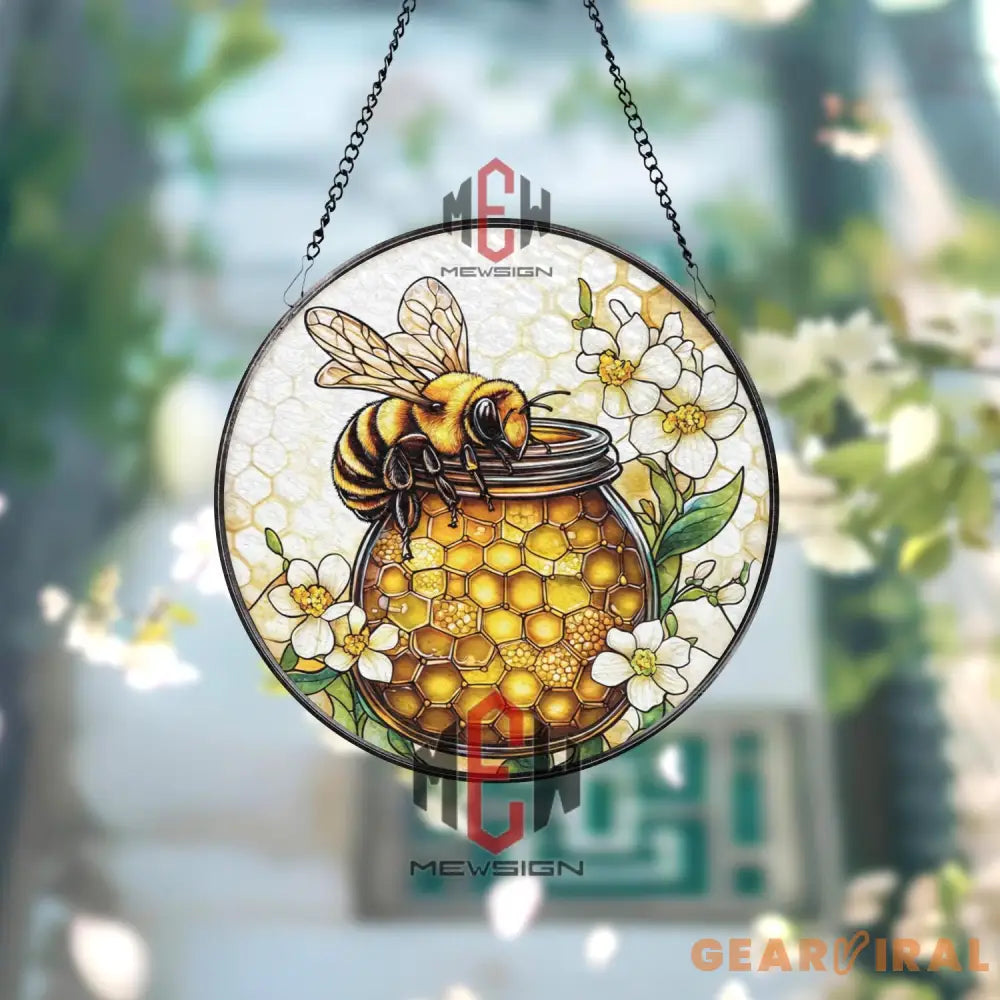 Honey Bee Stained Glass Suncatcher Round Jar of Honey Window Hanging Floral Bee Panel Art Nature-Inspired Gift for
