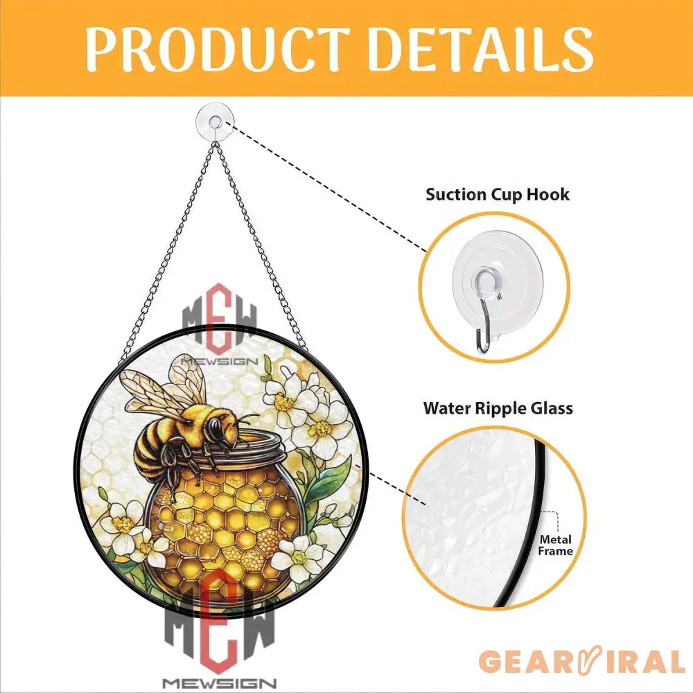 Honey Bee Stained Glass Suncatcher Round Jar of Honey Window Hanging Floral Bee Panel Art Nature-Inspired Gift for
