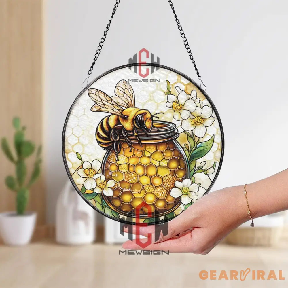Honey Bee Stained Glass Suncatcher Round Jar of Honey Window Hanging Floral Bee Panel Art Nature-Inspired Gift for