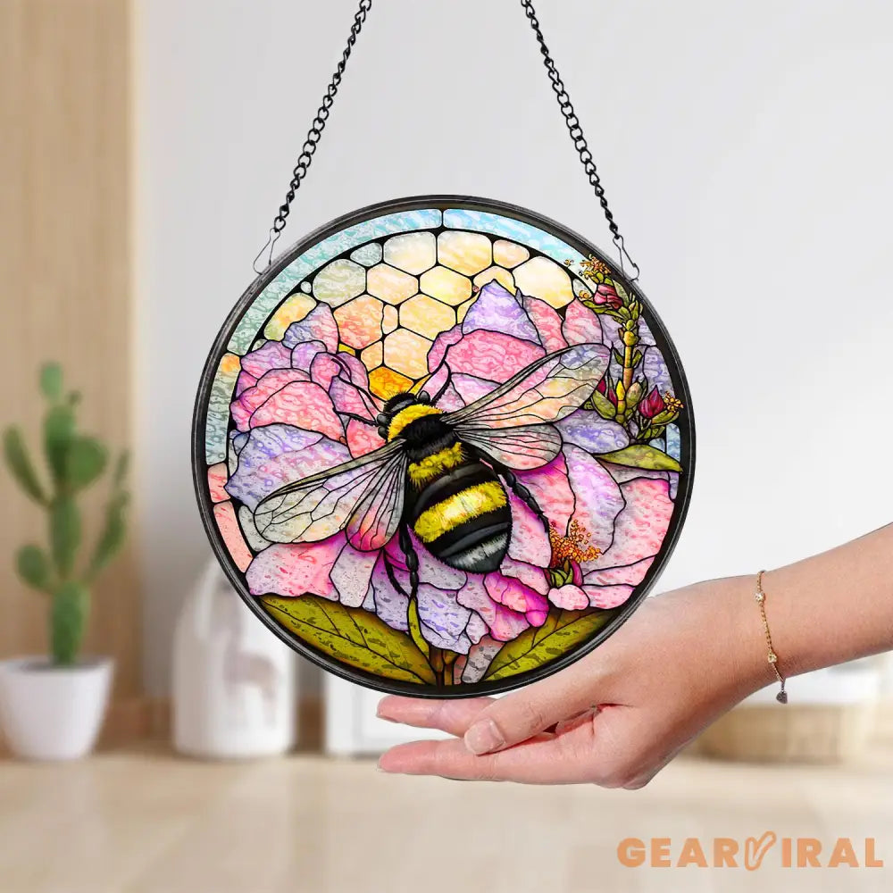 Honeybee Stained Glass Suncatcher Honeycomb Beehive Suncatcher Round Bee Glass Art Stained Glass Decor Bee Ornament