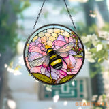 Honeybee Stained Glass Suncatcher Honeycomb Beehive Suncatcher Round Bee Glass Art Stained Glass Decor Bee Ornament