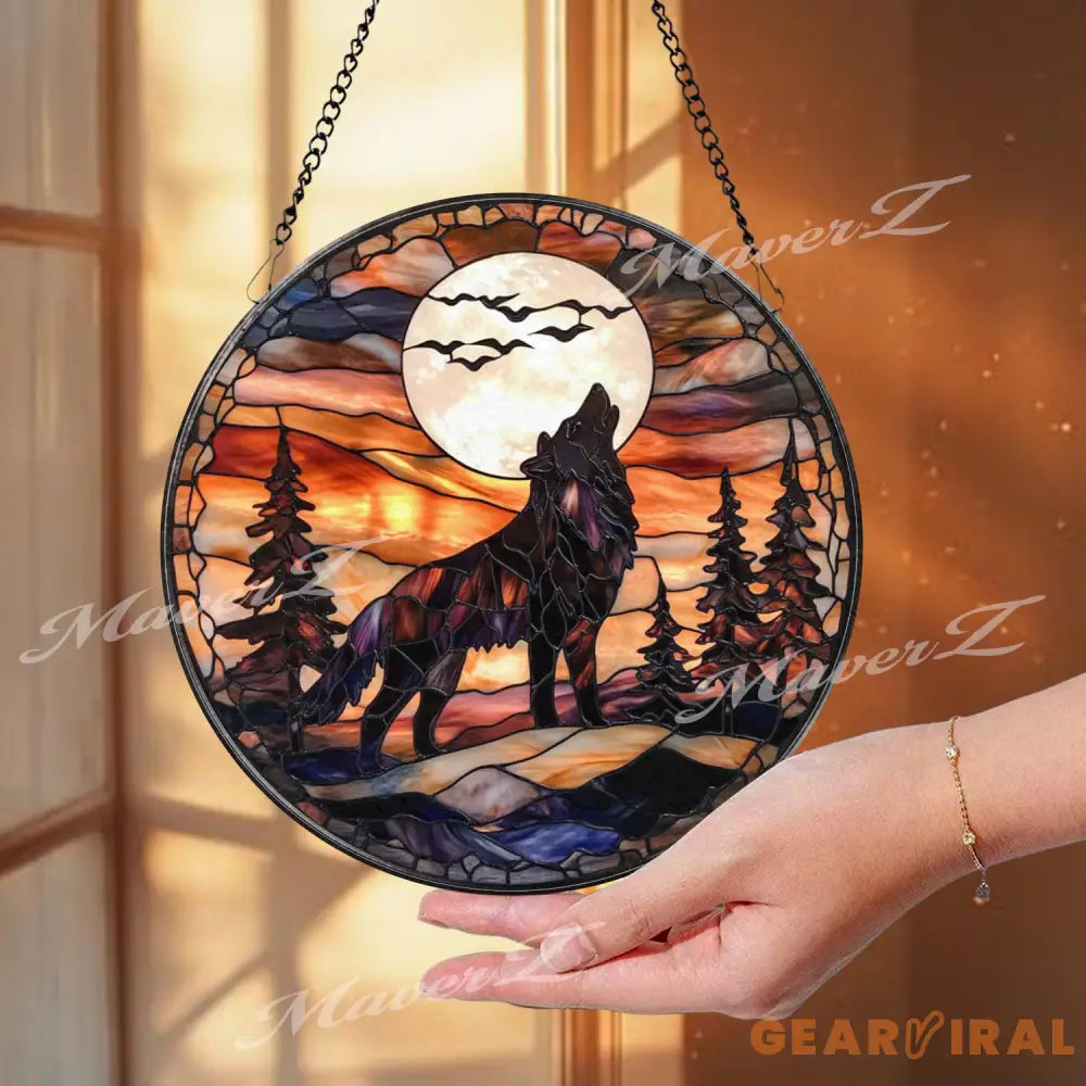 Howling Wolf Stained Glass Suncatcher Full Moon Forest Window Decor Wildlife Rustic Cabin Panel Wolf Lover Gift