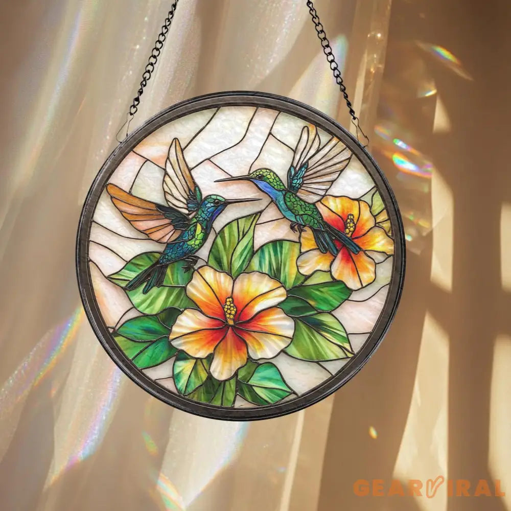Hummingbird and Hibiscus Glass Suncatcher Window Hanging Decor Tropical Floral Accent Bird Lover Gift Mother’s Day Gift