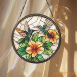 Hummingbird and Hibiscus Glass Suncatcher Window Hanging Decor Tropical Floral Accent Bird Lover Gift Mother’s Day Gift