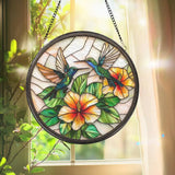 Hummingbird and Hibiscus Glass Suncatcher Window Hanging Decor Tropical Floral Accent Bird Lover Gift Mother’s Day Gift