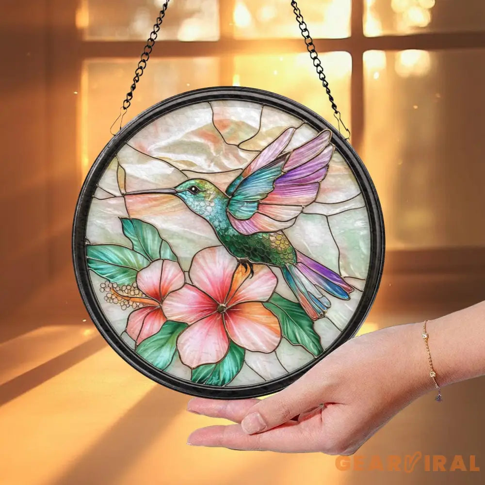 Hummingbird and Hibiscus Glass Wall Hanging Floral Suncatcher Decor Garden Window Accent Gift for Bird Lovers Flower