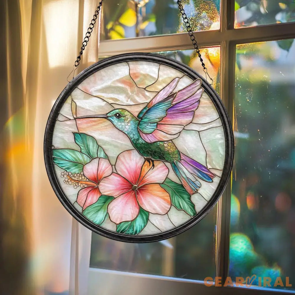 Hummingbird and Hibiscus Glass Wall Hanging Floral Suncatcher Decor Garden Window Accent Gift for Bird Lovers Flower