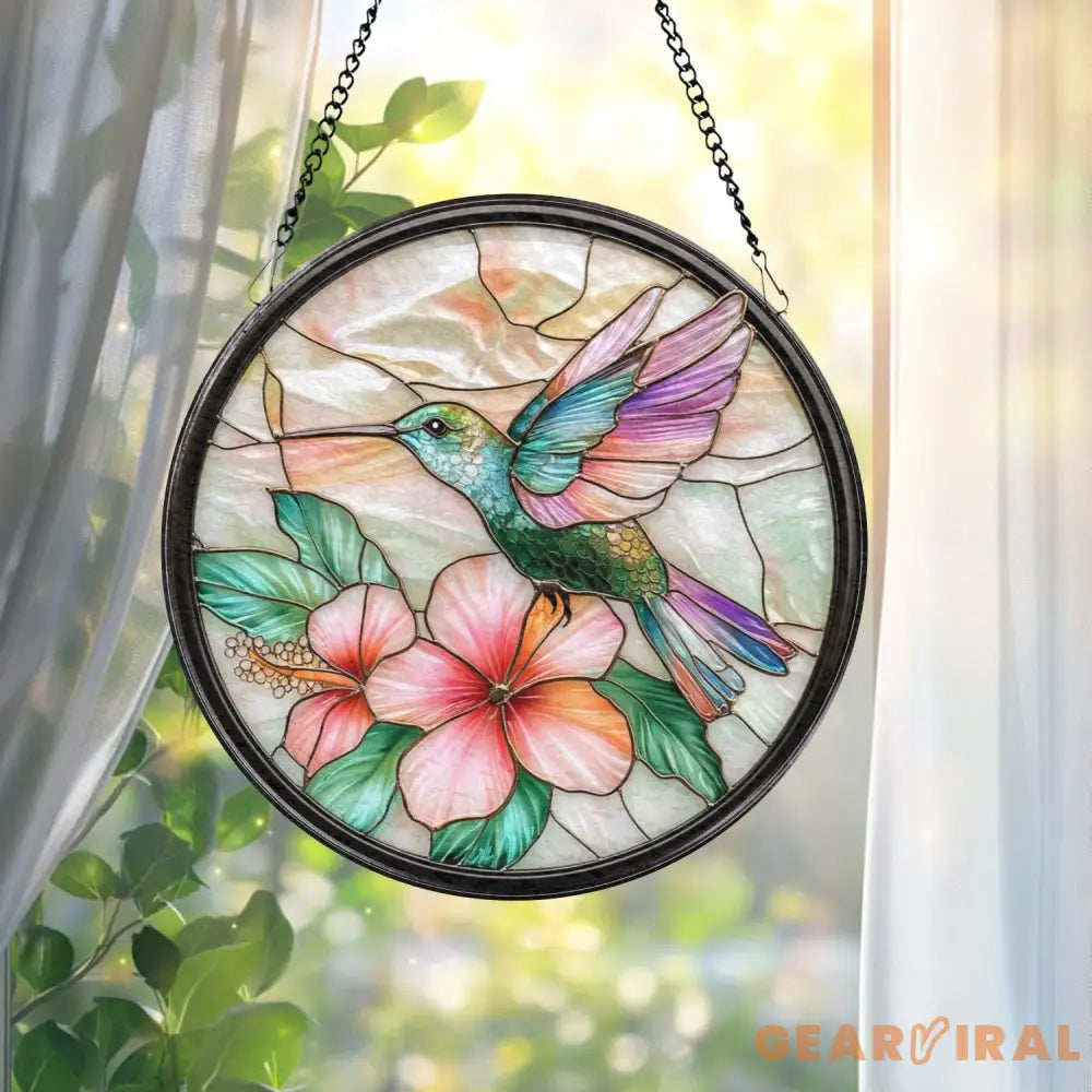 Hummingbird and Hibiscus Glass Wall Hanging Floral Suncatcher Decor Garden Window Accent Gift for Bird Lovers Flower