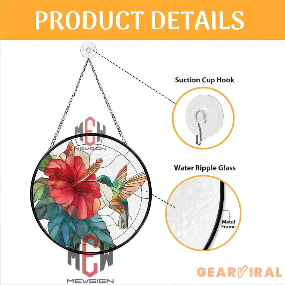 Hummingbird and Hibiscus Stained Glass Suncatcher Tropical Flower Window Panel Bright Nature Decor Gift for Garden and