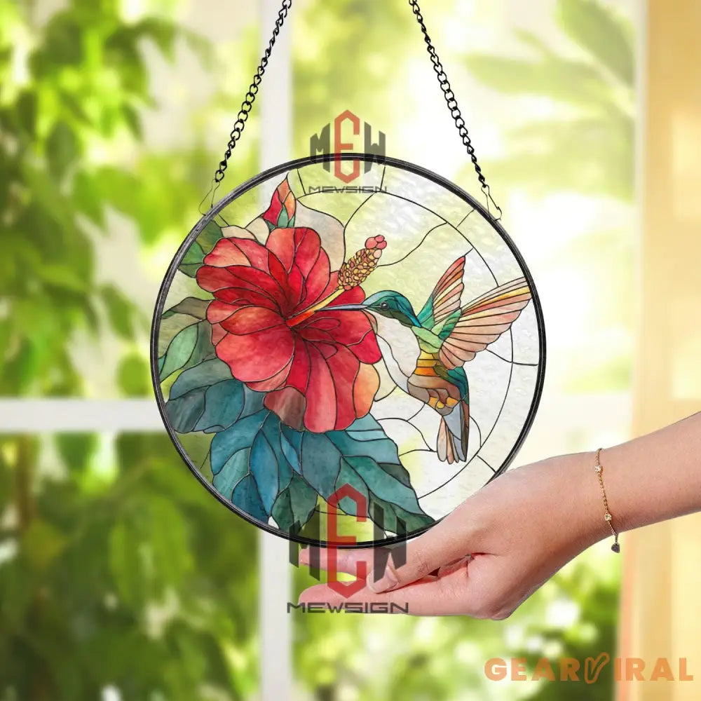 Hummingbird and Hibiscus Stained Glass Suncatcher Tropical Flower Window Panel Bright Nature Decor Gift for Garden and