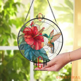 Hummingbird and Hibiscus Stained Glass Suncatcher Tropical Flower Window Panel Bright Nature Decor Gift for Garden and