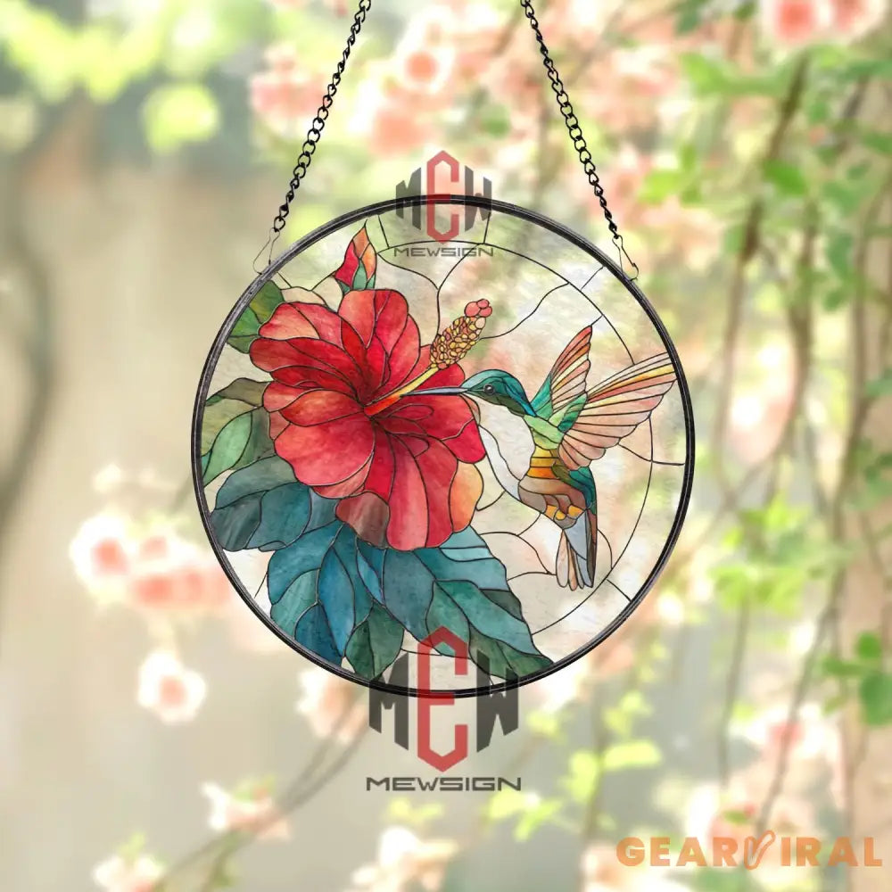 Hummingbird and Hibiscus Stained Glass Suncatcher Tropical Flower Window Panel Bright Nature Decor Gift for Garden and