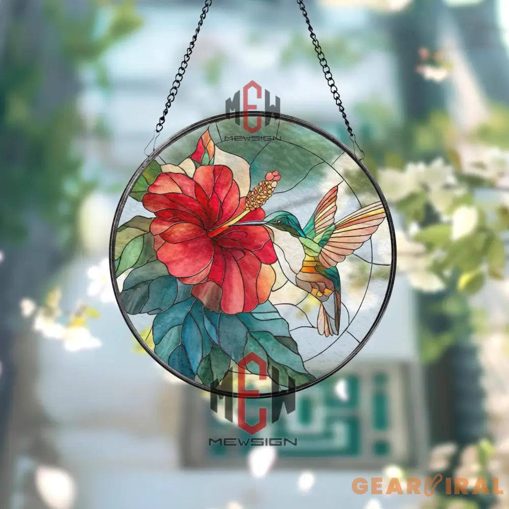 Hummingbird and Hibiscus Stained Glass Suncatcher Tropical Flower Window Panel Bright Nature Decor Gift for Garden and