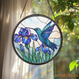 Hummingbird and Iris Flower Stained Glass Suncatcher Blue Bird Window Hanging Botanical Glass Art Garden Window Decor