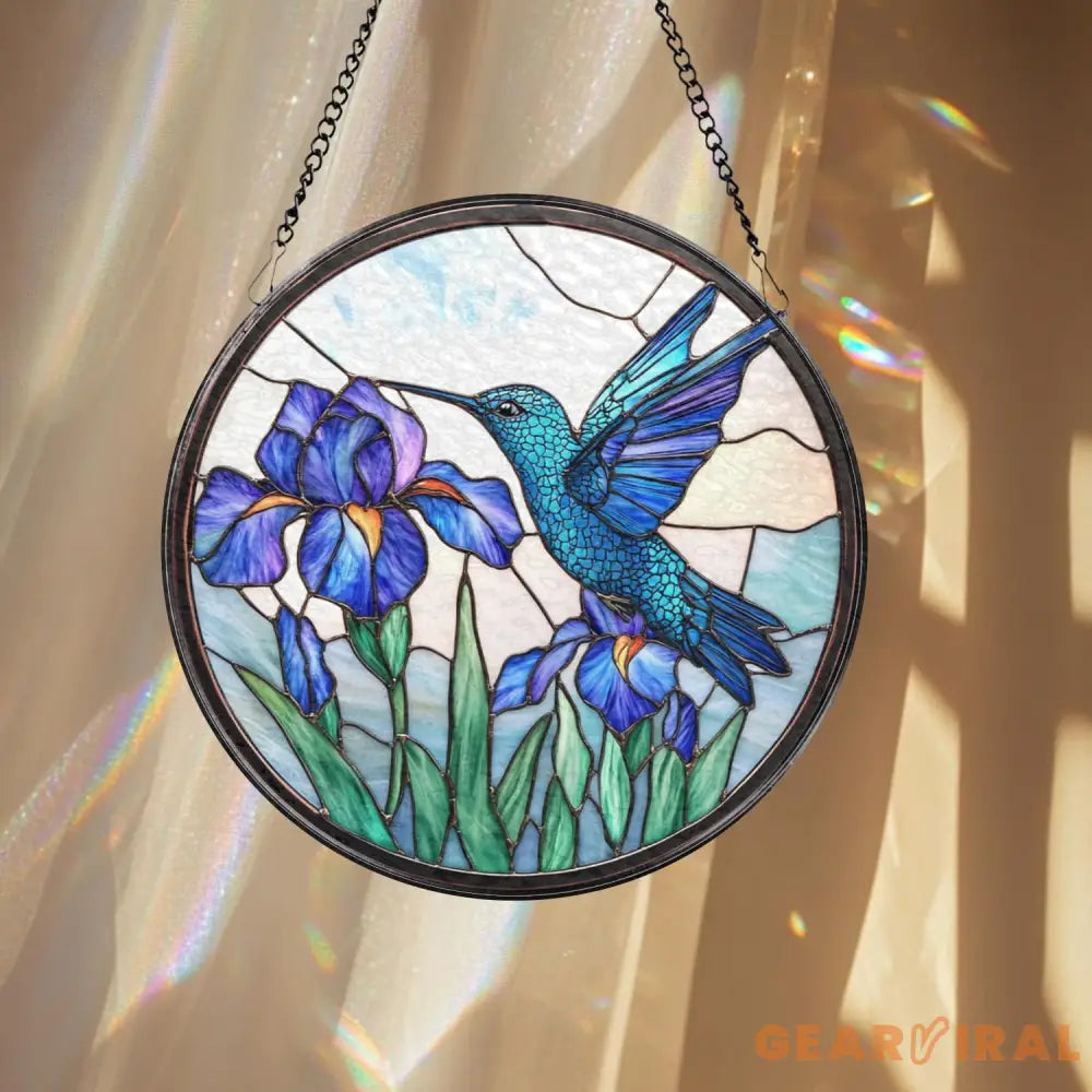 Hummingbird and Iris Flower Stained Glass Suncatcher Blue Bird Window Hanging Botanical Glass Art Garden Window Decor