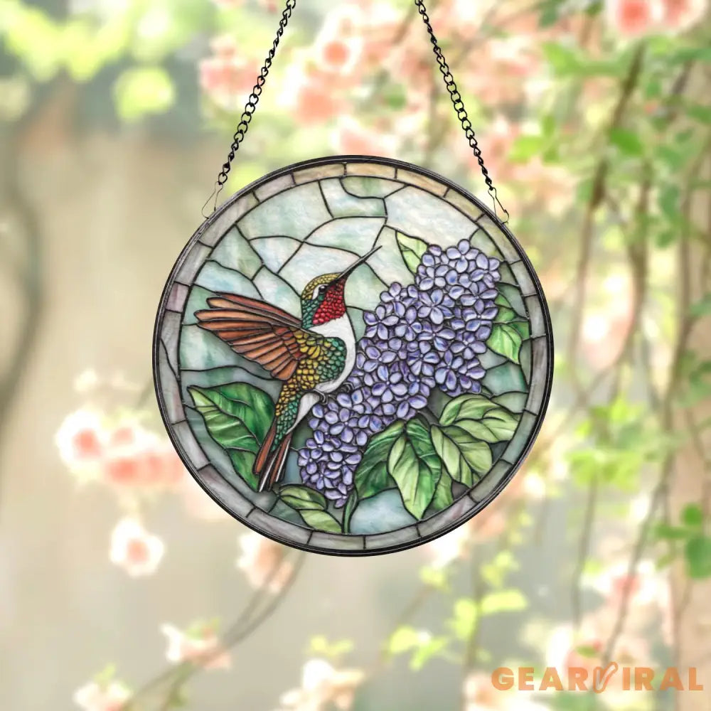 Hummingbird and Lilac Stained Glass Suncatcher Purple Floral Window Hanging Round Glass Bird Art Decor Gift for Nature